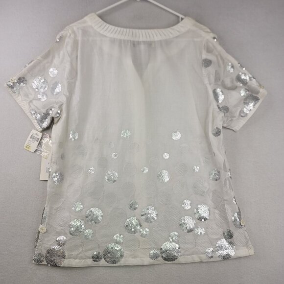 Robert Kitchen Womens XL White Cotton Short Sleeve Sequin Detail Button Blouse - Picture 3 of 12
